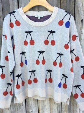 NEW Madewell Womens Cherry Print Jacquard Pullover Sweater M NWT